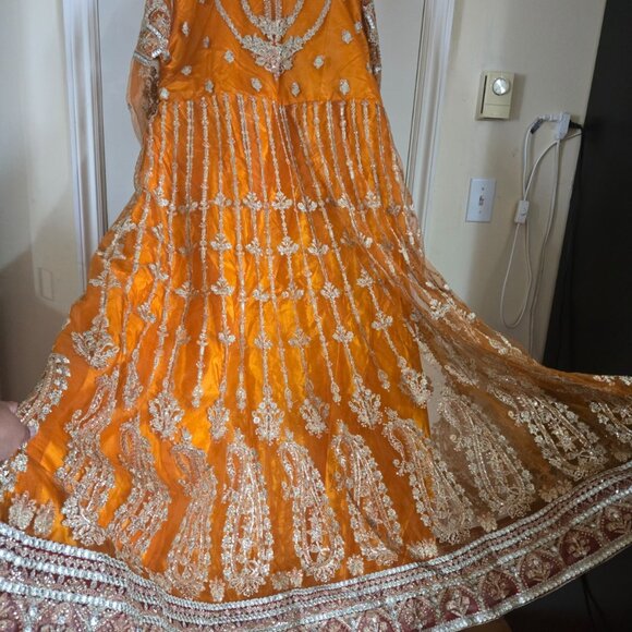 Orange & Gold Embroidered Lehenga FREE Matching Khussa Shoes - Picture 7 of 11